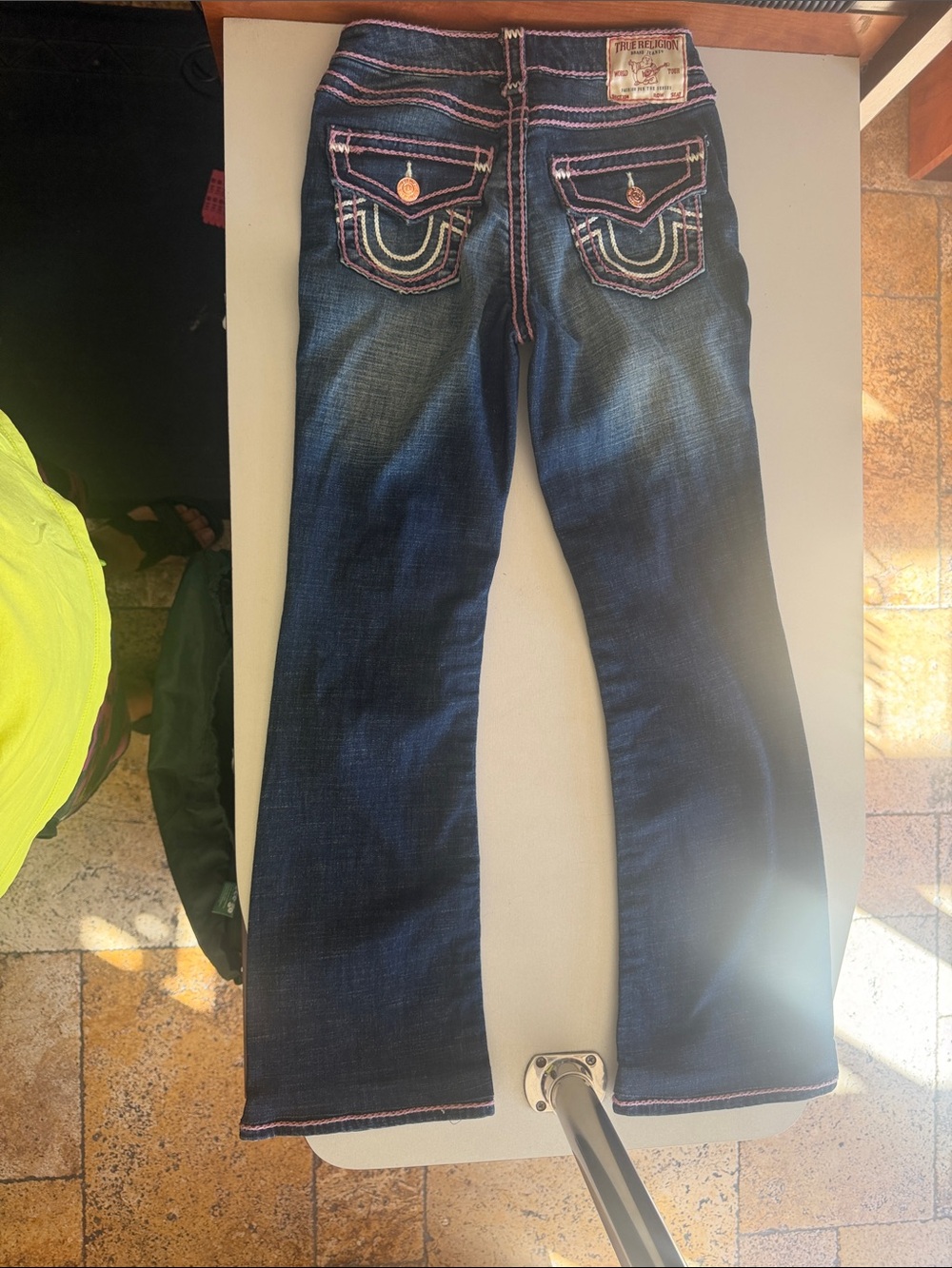 True Religion Dark Blue Flare Jeans with Pink Contrast Stitching